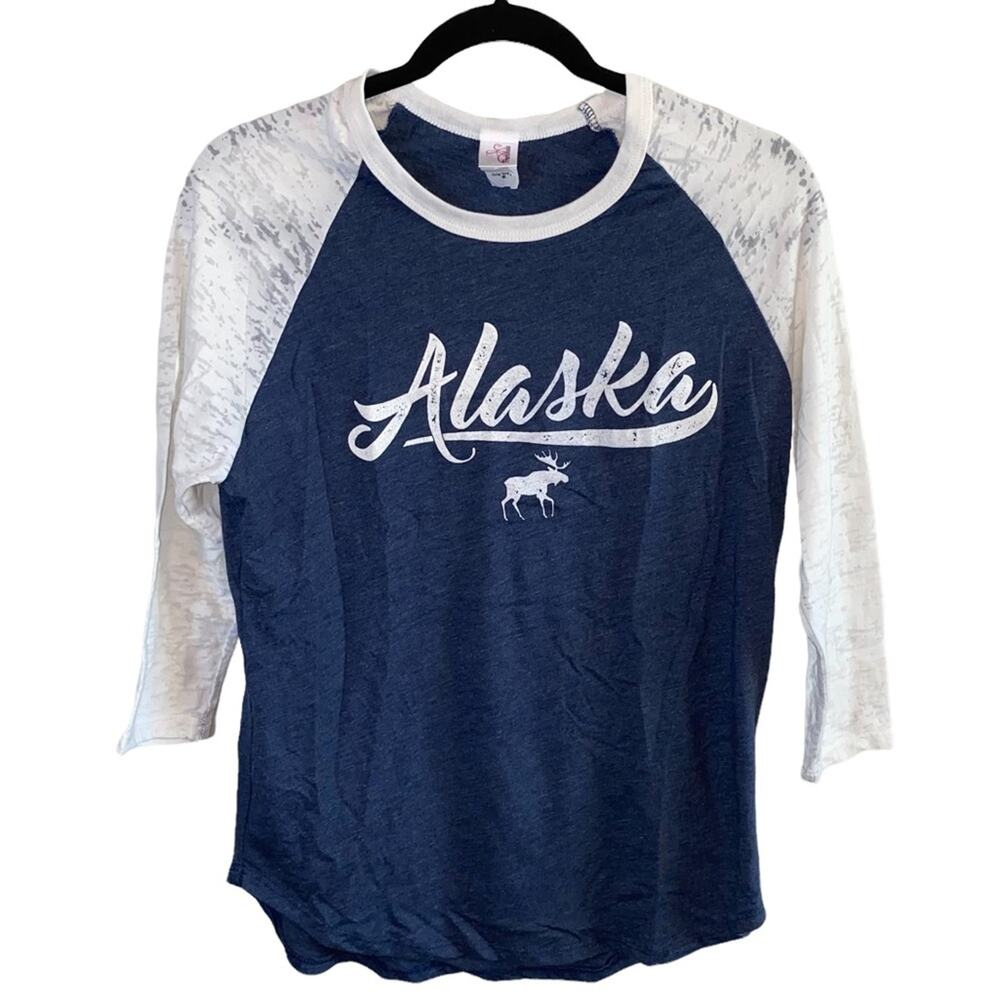 Prairie Mountain Alaska Raglan Tee Medium Moose Graphic Blue White 3/4 Sleeve